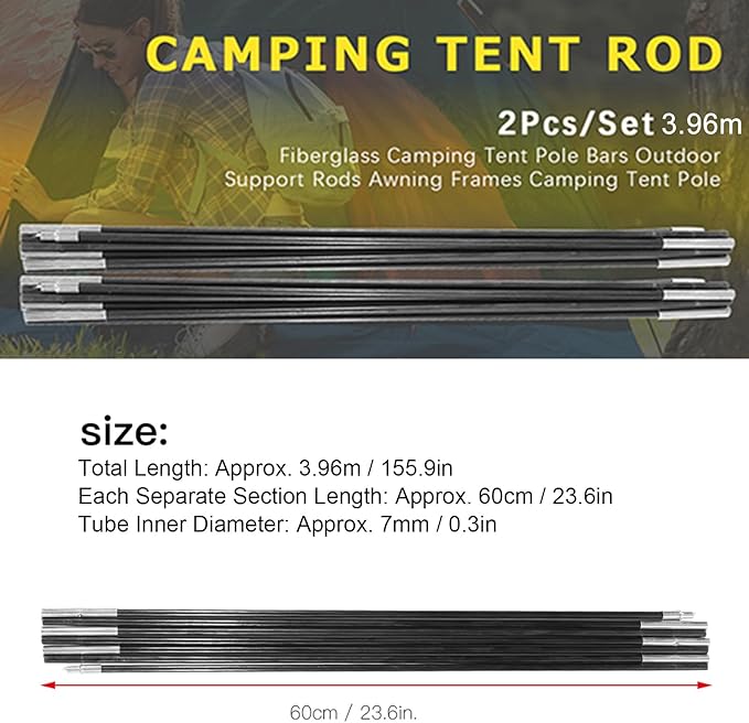 Tent Tarp Poles 3.96m Universal Fiberglass Replacement Tent Rods Adjustable Tent Poles Camping Awning Frame Kit Tent Poles Replacement for Outdoor Camping Support