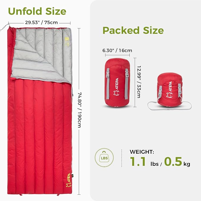 ATEPA Down Sleeping Bag 650FP Ultralight 55°F 60°F 3 Season Warm Weather 15D Nylon Shell and Compact Packable Sleeping Bag for Adults with Compression Sack for Camping Backpacking Hiking