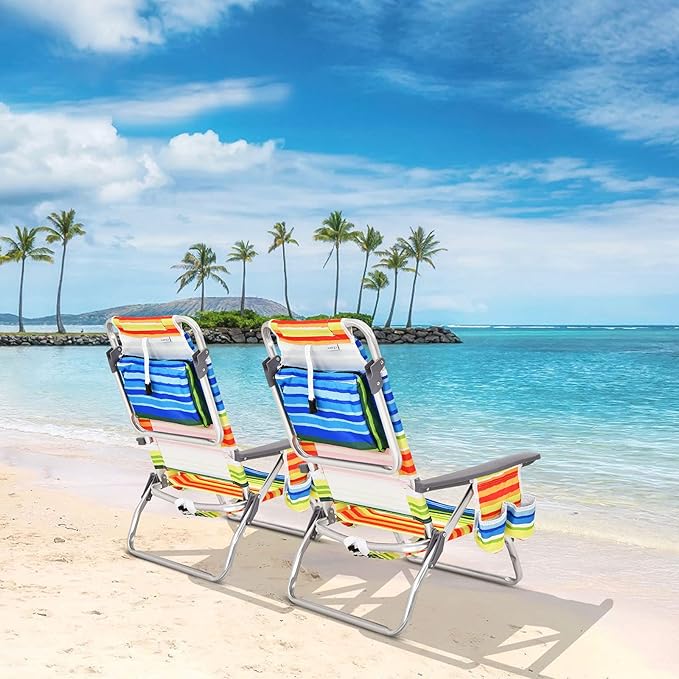 GYMAX Beach Chairs Backpack Camping Chair with Armrest Cooler Bag Cup Holder Towel Bar &amp Side Pockets Sunbath Sling Tanning Lounge Folding Layout Chair (4 Chairs Without Table Yellow Stripe