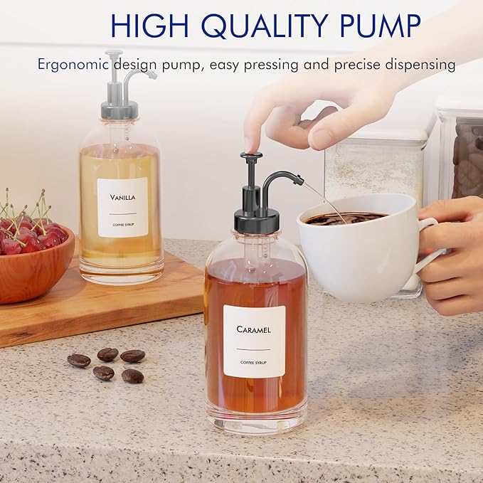 16.9 oz/500 ml Coffee Syrup Dispenser Set - 4 Glass Bottles with Black Pumper and Syrup Labels - Precise Dispensing and Stylish Addition to Coffee Shop Cafe or Home Bar