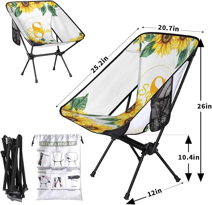 Camping Chair Personalized Backpacking Chair Lightweight Portable Folding Customized Name Chairs for Beach Sport Hiking (Yellow Sunflower)