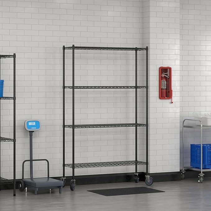 Commercial NSF Listed Black Epoxy Mobile Wire Shelving Kit 14 x 48 x 80 with 4 Shelves Perfect for Warehouse Walk-in Refrigerator Freezer Grocery Store Restaurant Dishroom