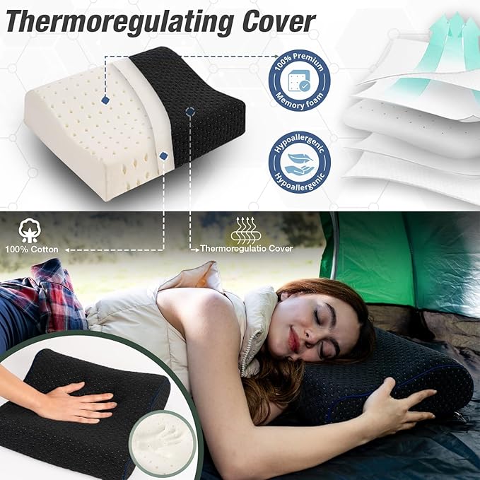 Travel &amp Camping Comfortable Memory Foam Pillow – Easy to Carry Portable Bag – Temperature Regulating Pillow Case - Perfect for Travelling (Black Contour)