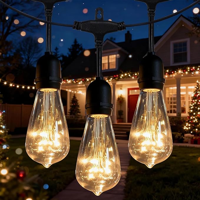 Afirst Outdoor String Lights Weatherproof Connectable LED Edison String Lights Black Cord with Clear Plastic Bulbs Starry Theme