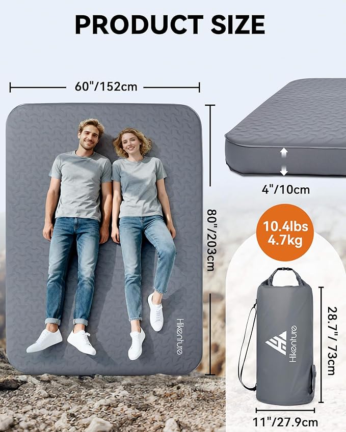 Hikenture 4 Thick Self Inflating Sleeping Pad Foam &amp Air Camping Mattress 9.5 R-Value Insulated Sleeping Mat Portable All Season Camping Pad for Tent Car Cot Truck