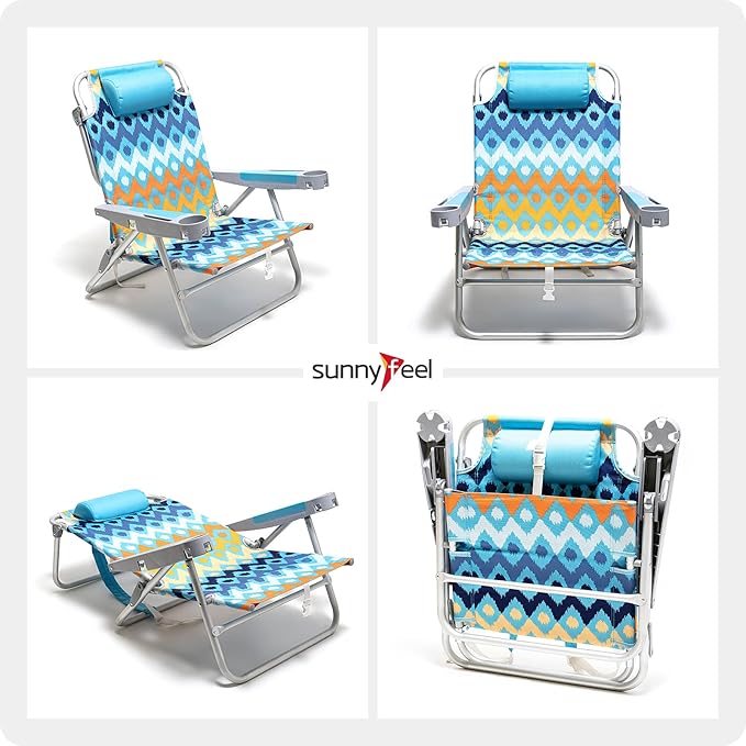 SUNNYFEEL Extra Wide Low Beach Chair 2 Pack 5 Position Lay Flat 500 LBS Heavy Duty XL Oversized Folding Camping Chairs with Cup Holder for Outdoor/Sand Portable Backpack Beach Chair for Adults
