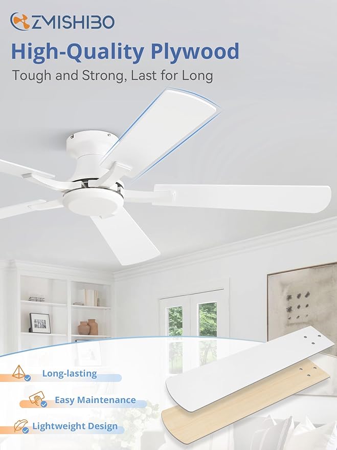 ZMISHIBO 52 Inch Ceiling Fan No Light Flush Mount Low Profile Modern White Ceiling Fan Without Light Remote Control &amp Quiet DC Motor for Indoor&ampOutdoor Bedroom Living Room