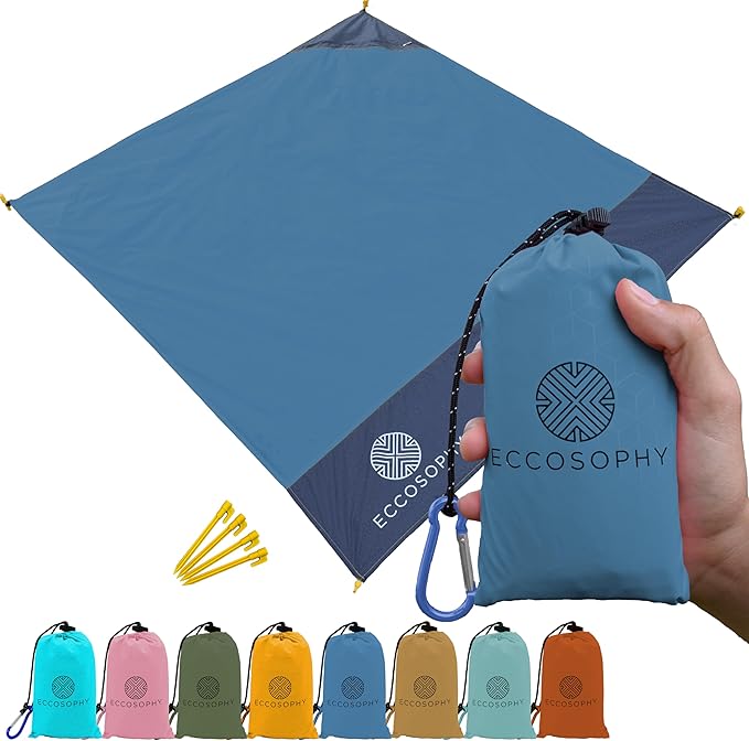 ECCOSOPHY Sand Proof Beach Blanket - Waterproof Picnic Blanket 60x55-Outdoor Compact Pocket Blanket-Lightweight Ground Cover for Hiking Camping Festivals Sports Travel-with Bag &amp Stakes (Denim