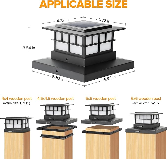 LUTEC 6 Pack Solar Post Cap Lights IP65 Waterproof Solar Flame Fence Post Lights for 4x4 5x5 6x6 Wooden/Vinyl Posts Flickering Flame Warm White 3000K LED Lighting Decor for Yard Patio Deck Black