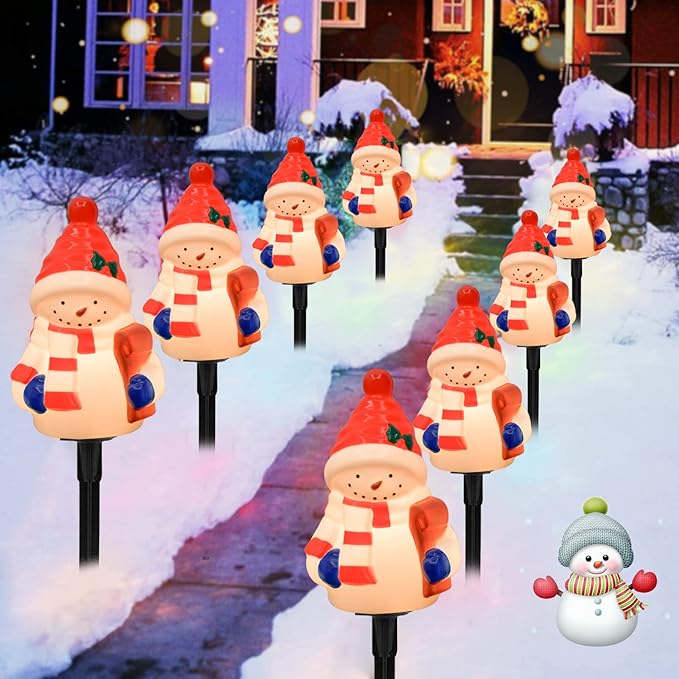 Christmas Snowman Pathway Stakes Lights 7Ft C7 Outdoor Landscape String Light with 4 Snowman Driveway Markers(E12 Base 5w) for Patio Yard Garden Lawn Decoration 1 Pack White