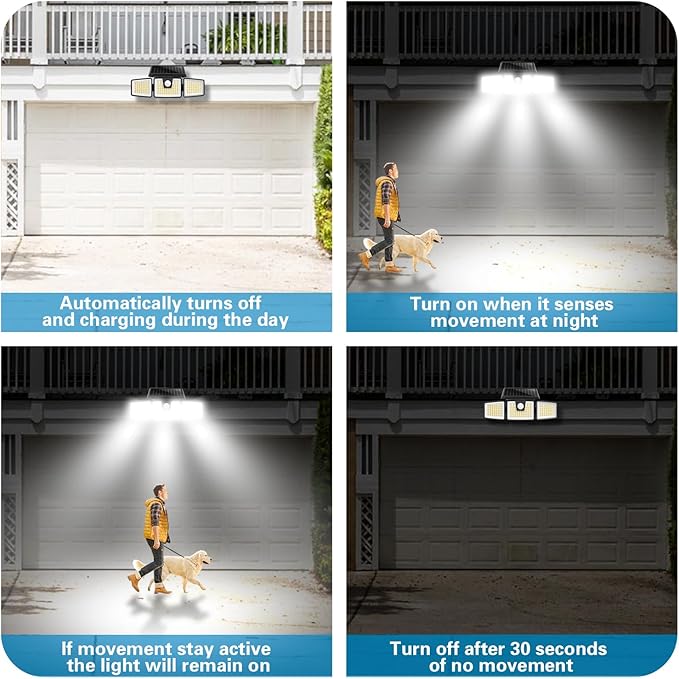 AmeriTop Solar Lights Outdoor 2 Pack 233 LED High Brightness Cordless Solar Motion Sensor Lights 3 Adjustable Heads 270° Wide Angle Illumination IP65 Waterproof Security LED Flood Light(Daylight)