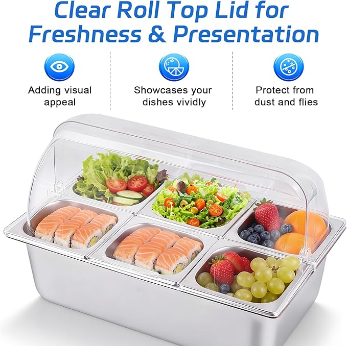 Cold Food Buffet Server 9.6Qt (6 Pans×1.6Qt) with Ice Packs for Salad Pizza Sauce Colded Serving Trays Condiments Containers for Parties Buffet