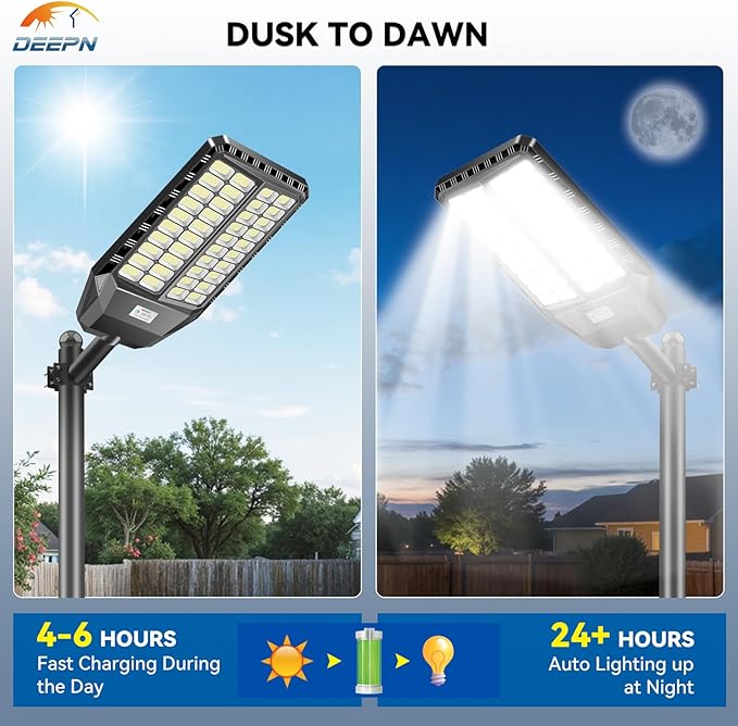 Deepn Solar Street Lights Outdoor 9000W Solar Parking Lot Lights 360000 Lumens Solar Lights Outdoor IP67 Waterproof Dusk to Dawn Motion Sensor Outdoor Lights for Yard with Remote Control