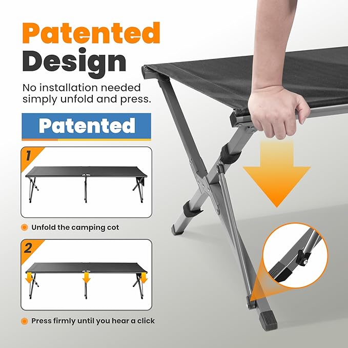 Oversized Camping Cot Foldable for Adults - Upgraded Version Easy-to-Assemble Sleeping Cots for Outdoor Supports Campers up to 6.9ft or 450lbs with Storage Bag 82” L x 32” W (Black)