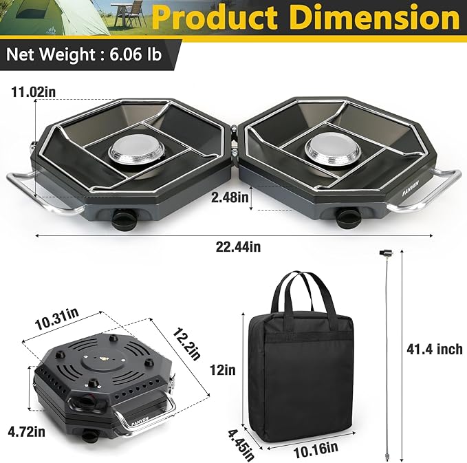 Camping Stove Propane 2 Burner Camp Stove 20000 BTU Propane Camping Stoves Portable Gas Stove with Windscreen Storage Bag Regulator for Picnic BBQ Tailgating