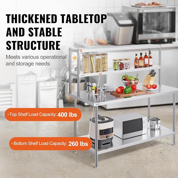 VEVOR Stainless Steel Overshelf 12 x 60 Inch Double Deck Height Adjustable Prep Work Table for Kitchen Restaurant and Workshop