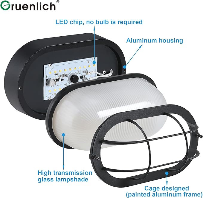 GRUENLICH 8.5'' Oval Outdoor Wall Lights Dimmable LED Bulkhead Light Sauna &amp Exterior Lighting ETL Rated 6W 600 Lumen 3000K Warm White Black Cast Aluminum Wall/Ceiling Mount 2-Pack