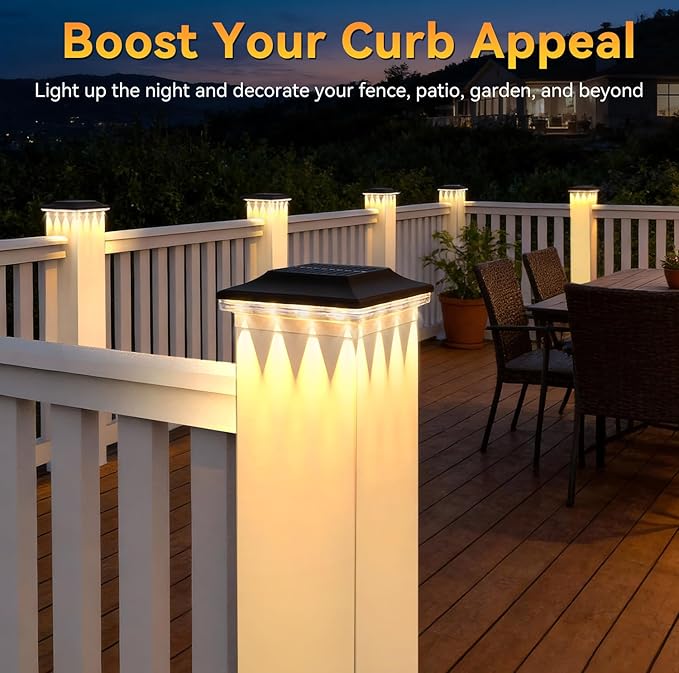 4x4 Solar Post Cap Lights Outdoor Black Deck Post Light Solar Powered for 3.5x3.5 Vinyl/Wooden Post Waterproof 3 Modes(Warm/Cool Light) Solar Fence Light for Garden Patio Porch 6pack