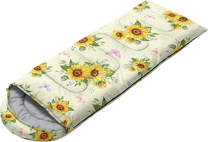 Sunflower Sleeping Bags for Adults KidsYellow Backpacking Camping Sleeping Bag for Girls Boys Lightweight Waterproof Cold/Warm Weather Sleeping Bag for All Season Outdoor Travel with Compression Bags