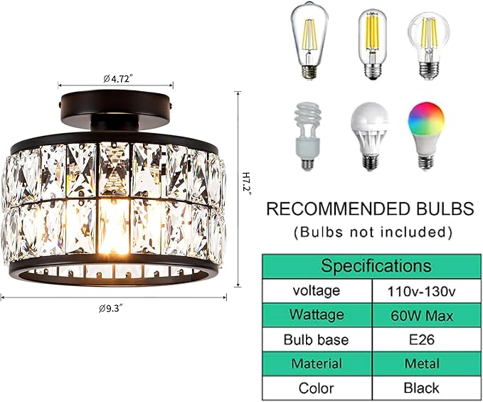 Crystal Ceiling Light Fixture Modern Semi Flush Mount Ceiling LightCrystal Chandelier for Kitchen Bedroom Bathroom Entryway Black Finish