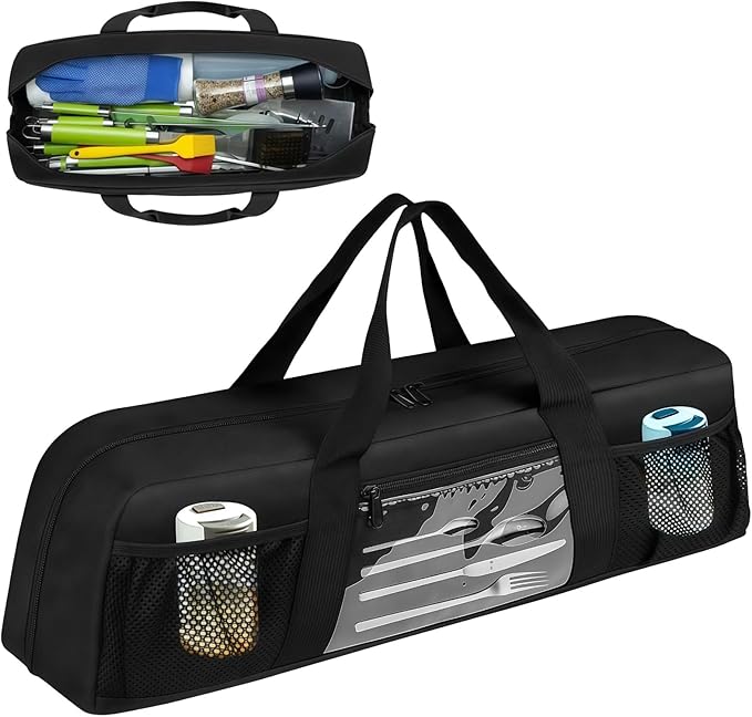 Grill Tool Storage Bag Outdoor BBQ Utensil Holder for Barbecue Tool up to 20 Large Grill Utensil Storage Caddy with Pockets BBQ Accessories Case Container for Camping Bag Only Black