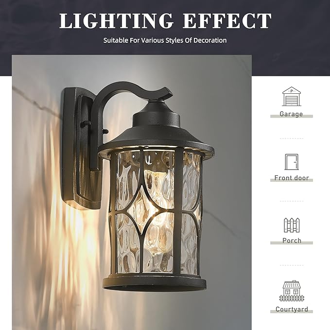 zeyu Modern Outdoor Wall Lights 12 Inch Exterior Wall Lantern Cast Aluminum with Water Ripple Glass Black Finish ZX48BWG BK