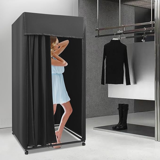 Clothing Store Fitting Room 39×39×78 inch Clothing Store Fitting Room with Shading Curtain Portable Temporary Mobile 95% Privacy Protection Dressing Room with Castors &amp Hanger (Black)