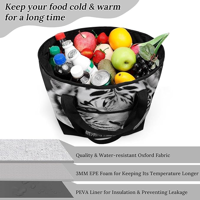 Insulated Shopping BagLarge Reusable Cooler Bags Black White Tiger Printed Foldable Shopping BagTravel Waterproof Shoulder Bag