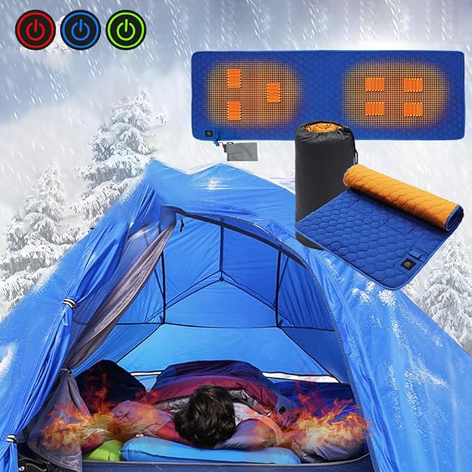 Heated Sleeping Bag Pad Adjustable Warm Foldable Tent Sleeping Mat Seven Zone Heating Machine Washable Quickly Increase Temperature (Blue)