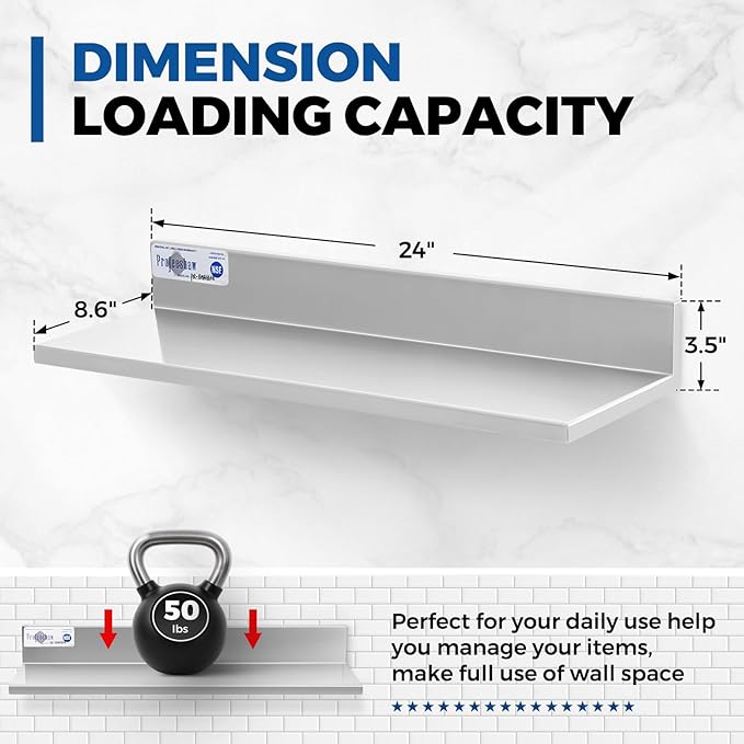Profeeshaw Stainless Steel Shelf Wall Mounted Commercial Stainless Steel Shelves 8.6 * 24 Inch 50lb Heavy Duty Commercial Kitchen Shelf for Restaurant Bar Utility Room Kitchen and Garage
