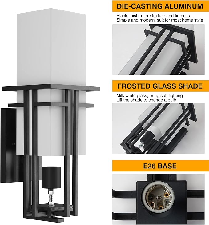 Outdoor Lighting Fixtures Wall Mount Outdoor Wall Lights Modern with Frosted Glass Aluminum Exterior Light for House Outdoor Wall Lantern for Garage Porch Carriage Patio (17''H 1 pc)