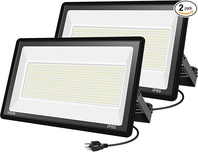 2Pack 600W LED Flood Light Outdoor IP66 Waterproof Exterior Security Lights with Plug60000LM 5000K Daylight White Outside Floodlights for Yard Court Garden