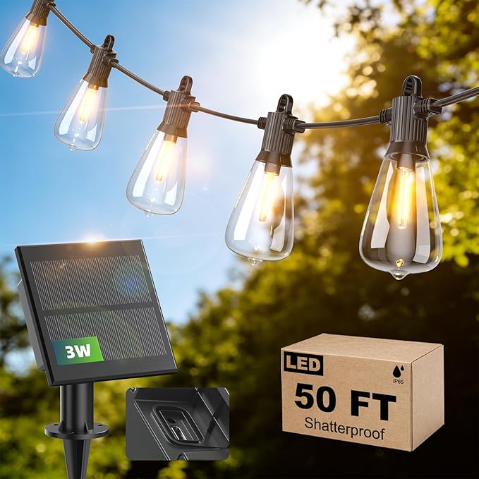 50FT Solar String Lights Outdoor Waterproof IP65 with USB-Charging  Solar Powered LED Patio Lights with 25+2 Shatterproof ST38 Edison Bulbs Hanging Lights for Outside Backyard Garden Bistro Gazebo