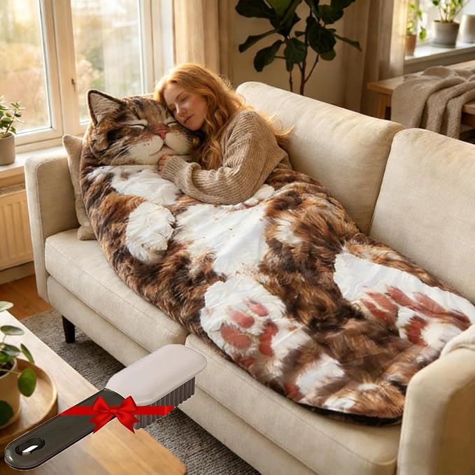 Dreaming Arts Fluffy Cat Sleeping Bags for Adults Soft Cozy Plush Cat Print Envelope Sleeping Bag for Kids Cat Lovers 68.89 inch Washable Warm Blanket for Camping Travel and Sleepovers Home