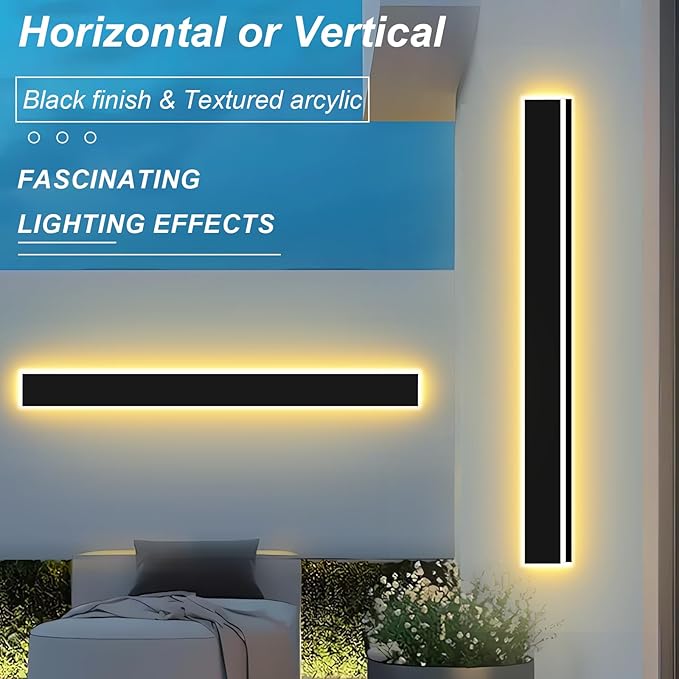 2pcs 47in Long Outdoor Modern LED Wall Lights 4.33in Wider Coverage IP65 Waterproof Black Outdoor Sconce Lights 3000K-6000K Dimmable Exterior Wall Light Fixtures for House Garage Front Door