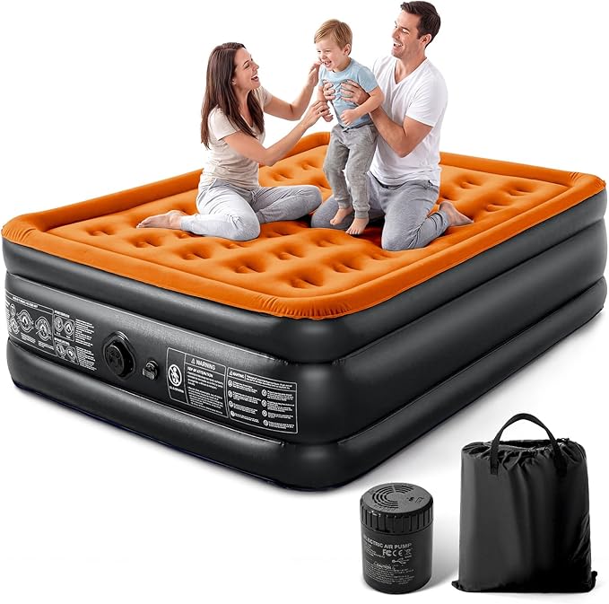 Lamberia Air Mattress with Built in 2 Purpose Pump 18 Raised 660lbs Max Comfort Inflatable Mattress Blow up Mattress Portable Air Bed for Camping Guests Home Colchon(Orange BlackQueen)