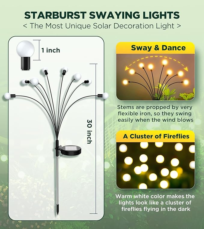 Vibrant Solar Garden Lights Ultra Bright Solar Powered Firefly Lights Outdoor Waterproof High Flexibility Starburst Swaying Light 8 LED Landscape Lighting Decorative for Pathway Patio Yard