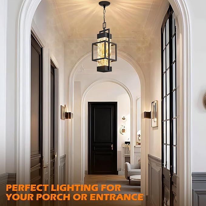 Hotsonic 15'' Outdoor Indoor Pendant Celing Light Fixture Modern Exterior Hanging Chandelier Porch Lights Black Aluminum Outside Lantern Lamp for Entrance Foyer Entryway (Bulb Included)