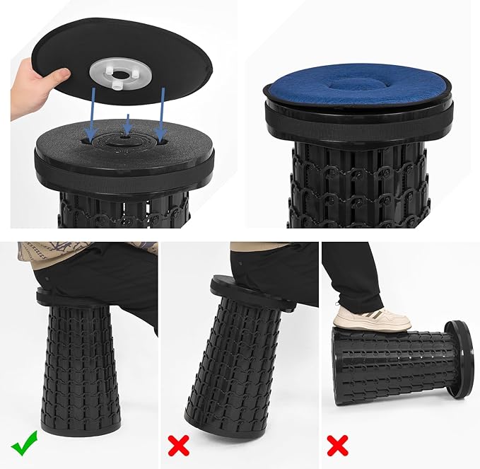 2 Pack Upgraded Folding Stool 19.7 Collapsible Stool Height Max Weight 1000lbs Portable Telescoping Seat with Cushion and Storage BagRetractable Folding Chair for Camping Hiking Outdoor BBQ-Black