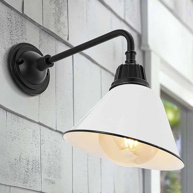 JONATHAN Y 9.63 White/Black 1-Light Farmhouse Outdoor Sconce Industrial LED Wall Light Gooseneck Arm Barn Lamp with Metal Bell Shade for Porch Patio Kitchen LED Bulb Included JYL7612A