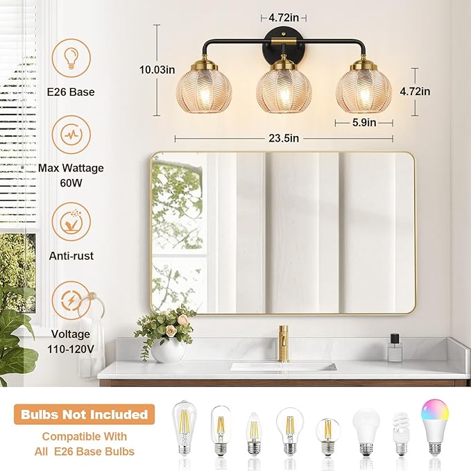 Bathroom Light Fixtures 3-Light Amber Vanity Lights with Unique Leaf Texture Glass Shade Modern Matte Black and Gold Bathroom Wall Lamp for Mirror Hallway Cabinet Living Room