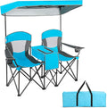 Tangkula Loveseat Camping Chair with Adjustable Shade Canopy Portable Beach Chair with Cooler Bag 2 Cup Holders Carrying Bag Foldable Double Lawn Chair for Travel Fishing Picnic (Blue)