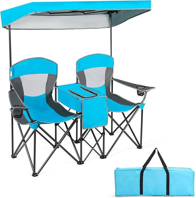Tangkula Loveseat Camping Chair with Adjustable Shade Canopy Portable Beach Chair with Cooler Bag 2 Cup Holders Carrying Bag Foldable Double Lawn Chair for Travel Fishing Picnic (Blue)
