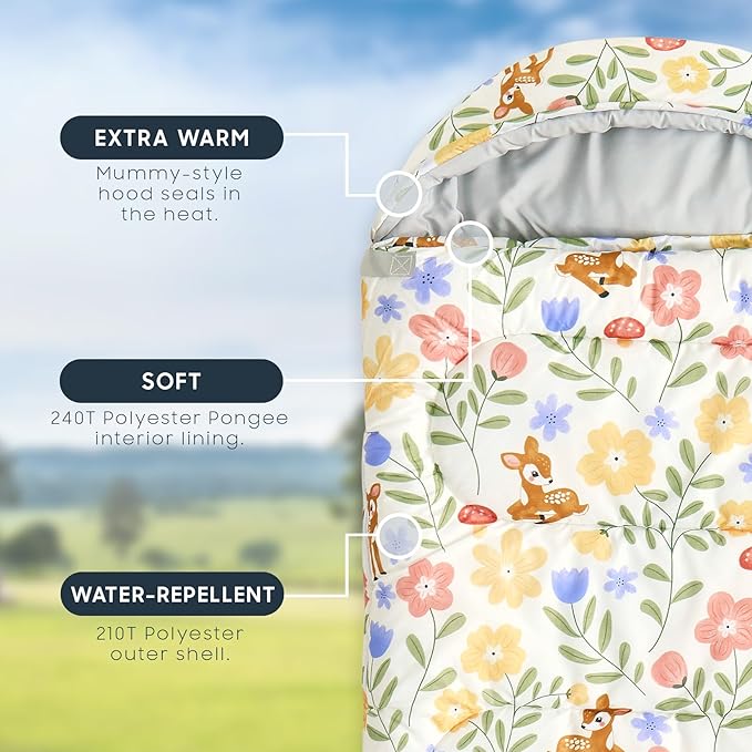 Wake In Cloud - Kids Sleeping Bag for Girls Toddlers Camping in Warm Cold Weather Backpacking Lightweight Compact Outdoor Liner for 3 Seasons Deer Floral Garden
