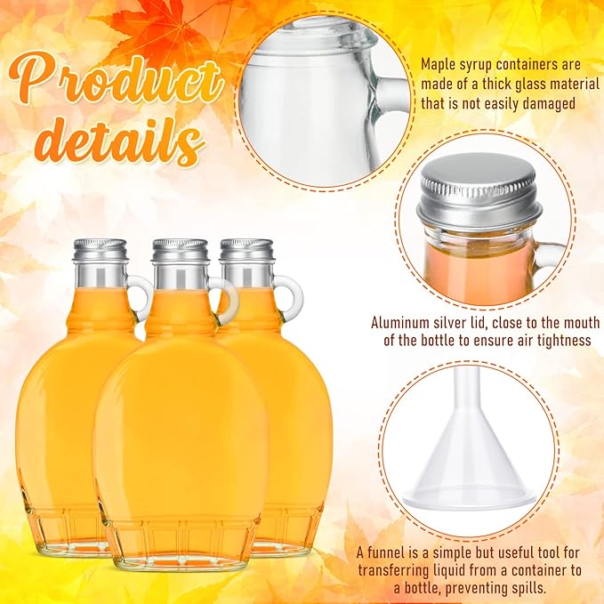 meekoo 24 Pieces 5 oz Glass Syrup Bottles with Aluminum Lid and Loop Handle Glass Maple Bottles Maple Syrup Jars Container with 4 Funnels for Potion Juice Milk Storage Gift Sauce Oil