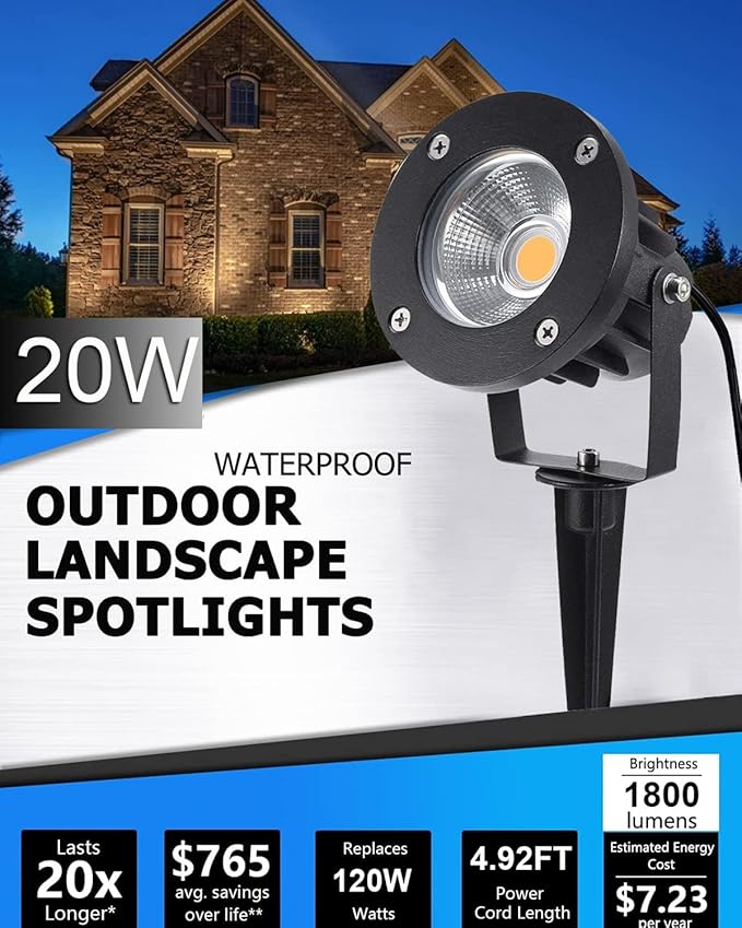 20W LED Landscape Lighting Outdoor Spotlight 120V AC Waterproof Yard Spot Lights Outdoor with Stake for Tree Flag Lights 3000K Warm White Lawn Decorative Lamp with US 3-Plug in (2 Pack)