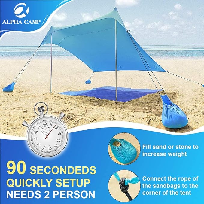 ALPHA CAMP Beach Tent Canopy Portable Sun Shelter Sun Shade 7x7 FT with Sandbag Anchors 2 Pole Pop Up Outdoor Shelter Family Size for Beach Camping Fishing Backyard Picnics - Blue