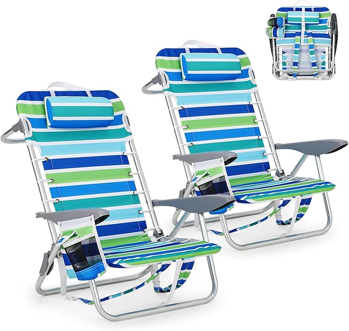 GarveeLife Backpack Beach Chair for Adults 2 Pack Lightweight Portable Lay Flat Folding Beach Chair with 5 Positions Backpack Straps Phone Pocket Cup Holder &amp Towel Bar Support to 300 LBS