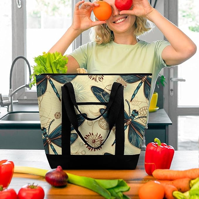 Insulated Shopping BagLarge Reusable Cooler Bags Dragonfly Printed Foldable Shopping BagTravel Waterproof Shoulder Bag