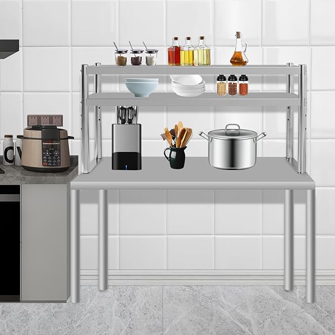 Stainless Steel Double Overshelf 48''L x 12''W Commercial 2 Tier Overshelf Height Adjustable Overshelf for Prep Work Table in Kitchen Restaurant